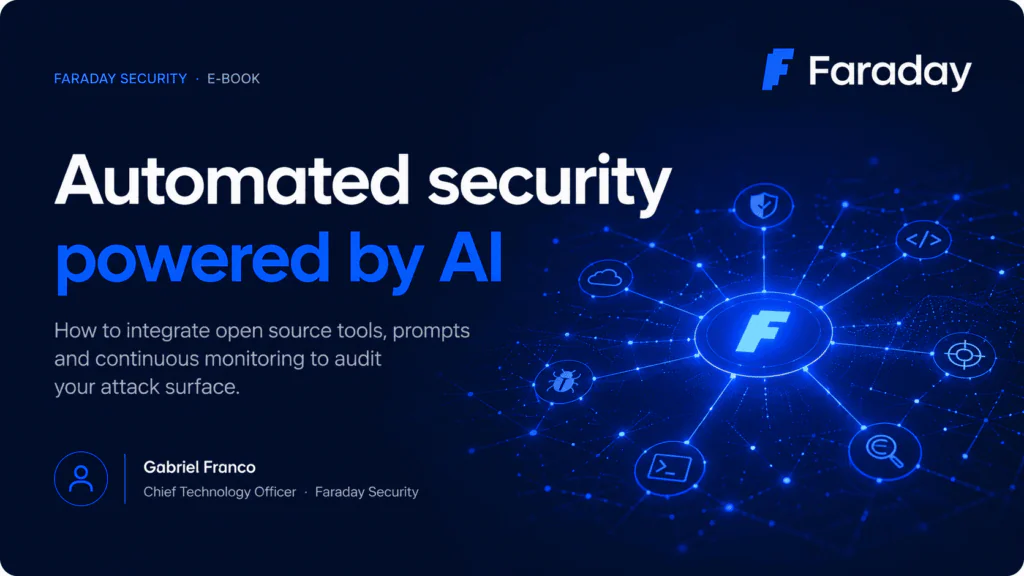 Automated Security Powered by AI eBook cover by Faraday Security showing an AI-driven cybersecurity network